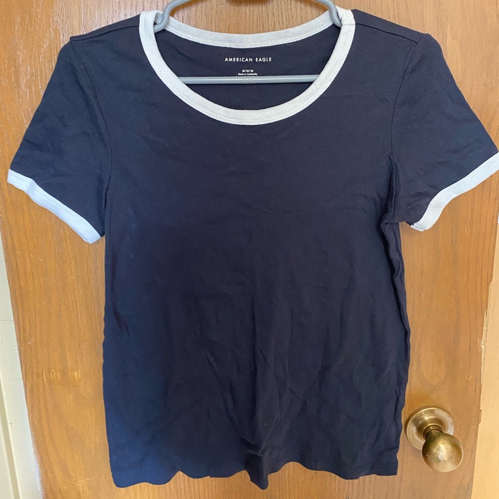 American Eagle Navy Blue Tee with White Border